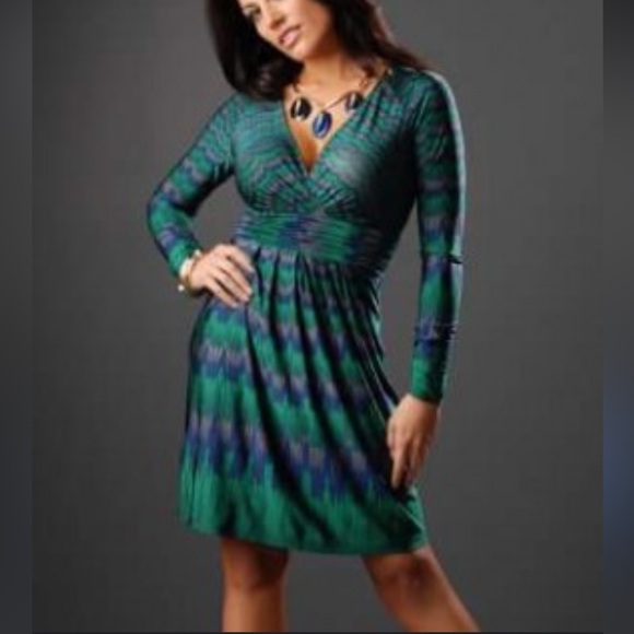 BCBG Maxazria Green and Blue Ruched Long Sleeve  Dress - Picture 1 of 8